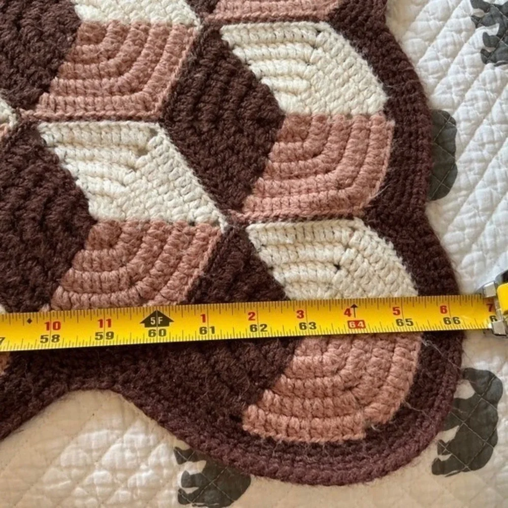 Vintage Handmade Crochet Afghan Blanket Geometric 3D Cube Pattern‎ Brown Tan Wht